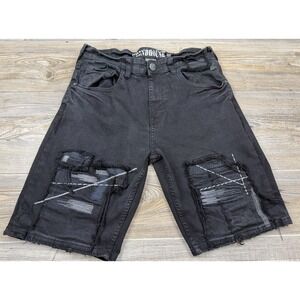 Grindhouse Denim Men's 32 Distressed Moto Jean Shorts Black Ripped Raw‎ Hem
